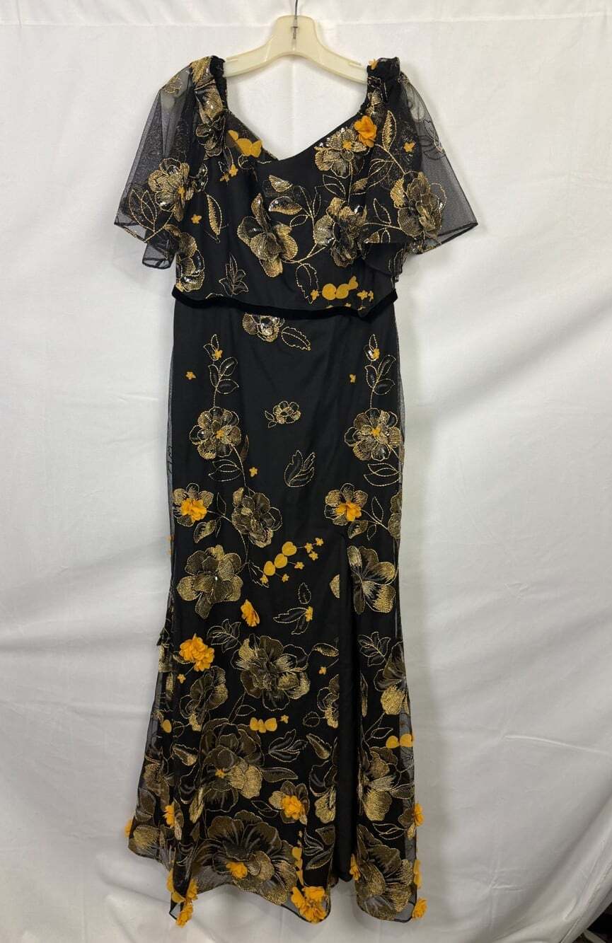 Marchesa Notte Women Size 14 Black Gold Metallic Floral Gown Evening Dress